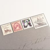"White Hydrangea and  lavender Roses with Ships Vintage Postage Stamp Set // Set of 5 // $1.31 in postage per set // 3 ounces // 1 ounce plus non-machinable" - Postage Stamps in pink by Flourish Fine Writing