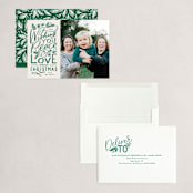 "Peace and Love Lettered" - Holiday Cards in Evergreen by Alethea and Ruth - Assembled