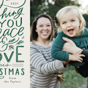 "Peace and Love Lettered" - Holiday Cards in Evergreen by Alethea and Ruth - Detail