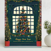 "Christmas Window" - Holiday Cards in Dark Turquoise by Becky Nimoy - Front