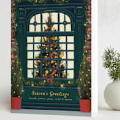 "Christmas Window" - Holiday Cards in Dark Turquoise by Becky Nimoy - Folded Card