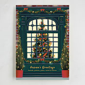 "Christmas Window" - Holiday Cards in Dark Turquoise by Becky Nimoy - Full Design