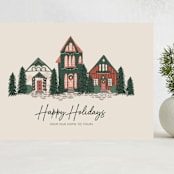 "Happy Holidays Village" - Holiday Cards in Merlot by Katrina Edwards - Front