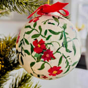 "Hand-Painted Botanical Christmas Ornaments on off white Background – Set of 2" - Ornaments in red by Arohika Verma
