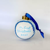"Personalized Hand-Painted  Baby’s First Christmas Ornament" - Ornaments in blue by Arohika Verma