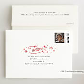 "Happier Holidays" - Pregnancy Announcement Thank You Cards in Poinsettia by Jennifer Wick - FREE Recipient Addressing