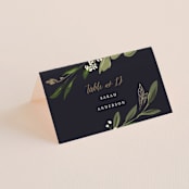 "Greenery Crown" - Place Cards in Navy by Susan Moyal - Folded with Free Guest Printing