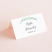 "Painted Leaves" - Place Cards in Evergreen by Olivia Raufman - Folded with Free Guest Printing