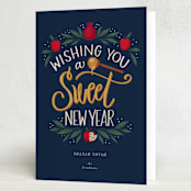 "Sweet New Year" - Rosh Hashanah Cards in Navy by Cindy Reynolds - Folded Card