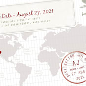 "A Faraway Destination" - Save the Dates in Cranberry by bumble ink - Detail