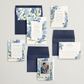 "Irises" - Save the Dates in Lake by Everett Paper Goods - Matching Invitation Suite