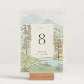 "Mountaintop" - Table Numbers in Evergreen by Paper Sun Studio - Displayed (stand not included)