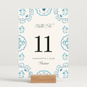 "Almafi" - Table Numbers in Cerulean by Itsy Belle Studio - Displayed (stand not included)