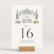 "Hand illustrated Garden Gate" - Table Numbers in Forest by Jackie Crawford - Displayed (stand not included)