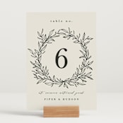 "leafy wreath" - Table Numbers in Cotton by Kate Ahn - Displayed (stand not included)