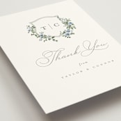 "Foliage Crest" - Wedding Thank You Postcards in Sky by Everett Paper Goods - Detail