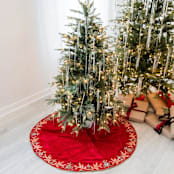 "Standard Size Red velvet gold embroidered tree skirt Christmas Holiday gift" - Tree Skirts in red by Courtney Bedi