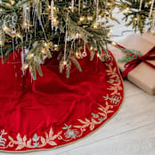 "Standard Size Red velvet gold embroidered tree skirt Christmas Holiday gift" - Tree Skirts in red by Courtney Bedi