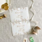 "Custom couple's names and botanicals in faux gold vellum belly band for invitations | Set of 10" - Belly Bands in black by Maria Ferrer G.