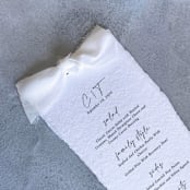 "Handmade Paper Menus With White Bow | Set Of 10 | Custom Text" - Menus in white by Cotton and Bow