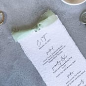 "Handmade Paper Menus With Sage Green Bow | Set Of 10 | Custom Text" - Menus in green by Cotton and Bow