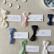 "Slim Place Cards With Blush Pink Bow | Set Of 10 | Custom Text" - Place and Escort Cards in pink by Cotton and Bow