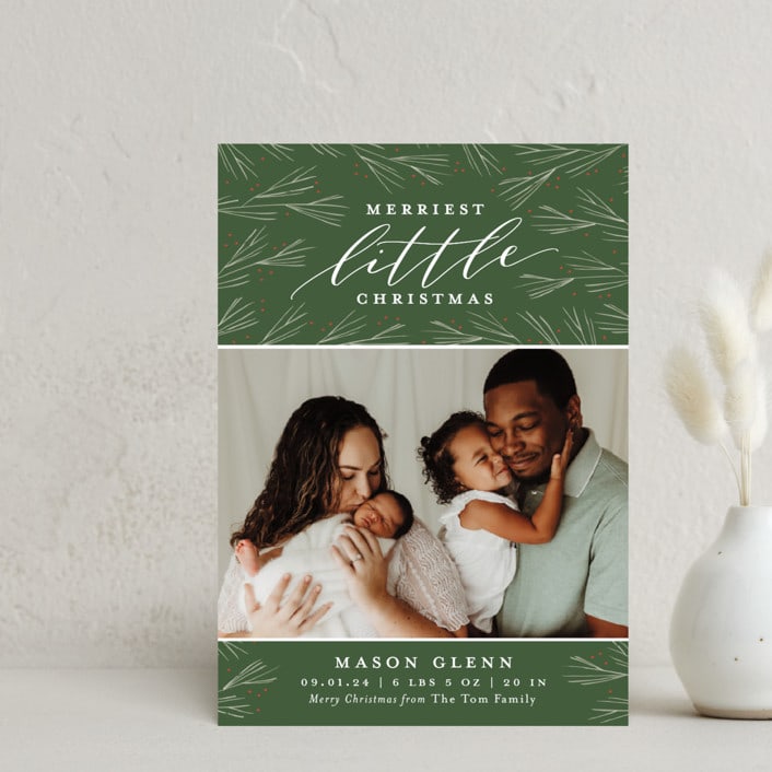 "Merriest Little Christmas" - Holiday Birth Announcement Cards in Evergreen by Sarah Brown - Front