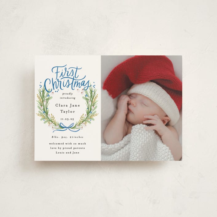 "First Christmas Wreath" - Holiday Birth Announcement Cards in Winter Sky by Alethea and Ruth - Front