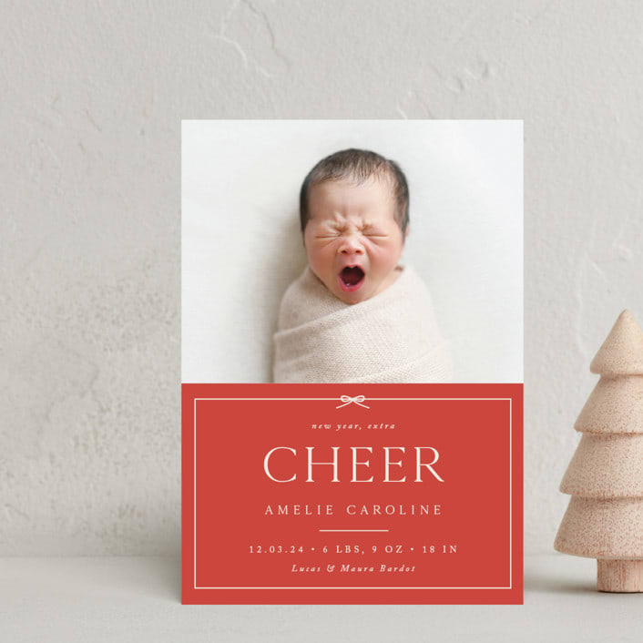 "Petite Bow" - Holiday Birth Announcement Cards in Ruby by Olivia Raufman - Front