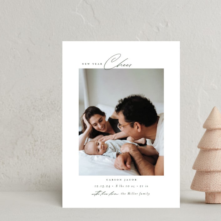 "Bundle" - Holiday Birth Announcement Cards in Fir by Emily Betts - Front