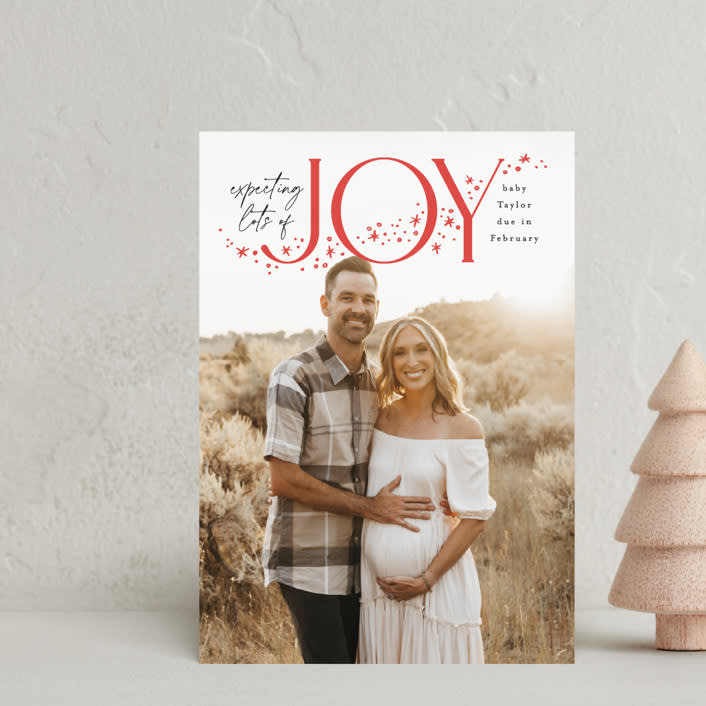 "Expecting More Joy" - Holiday Birth Announcement Cards in Cranberry by Alethea and Ruth - Front