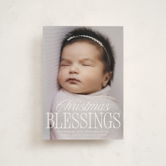 "blessed welcome" - Holiday Birth Announcement Cards in Snow by Susan Asbill - Front