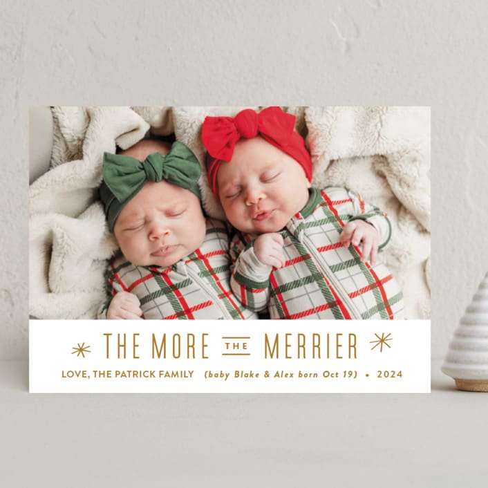 "The More, the Merrier" - Holiday Birth Announcement Cards in Golden by Carolyn MacLaren - Front