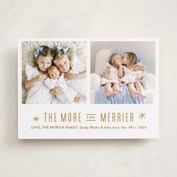 "The More, the Merrier" - Holiday Birth Announcement Cards in Golden by Carolyn MacLaren - Front