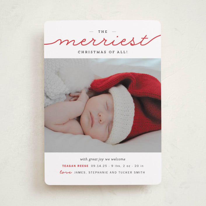 "The Merriest Christmas Of All" - Holiday Birth Announcement Cards in Fire Engine Red by Sara Hicks Malone - Front