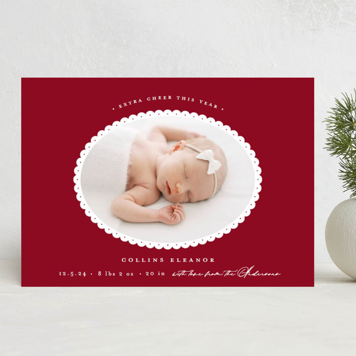 "Scallop Frame" - Holiday Birth Announcement Cards in Candy Cane by Emily Betts - Front