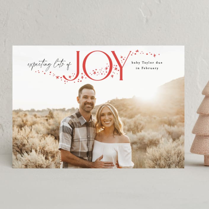 "Expecting More Joy" - Holiday Birth Announcement Cards in Cranberry by Alethea and Ruth - Front