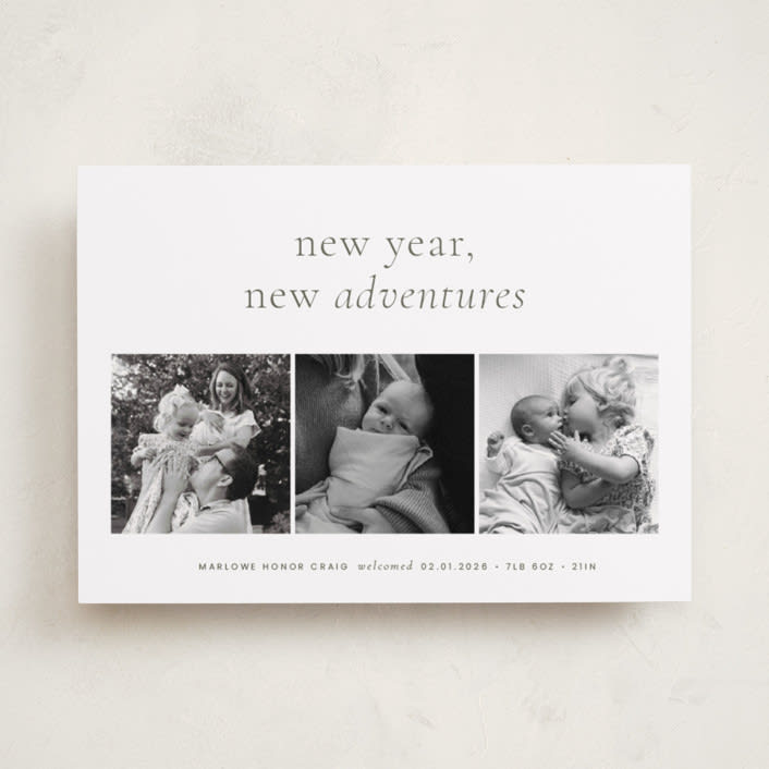 "Awaits" - Holiday Birth Announcement Cards in Forest by Blustery August - Front