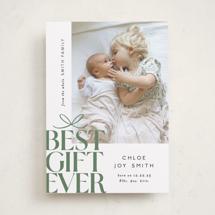 "Best Gift Ever bow" - Holiday Birth Announcement Cards in Sage by Alethea and Ruth - Front
