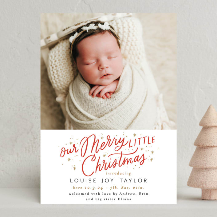 "Our Little Merry" - Holiday Birth Announcement Cards in Cherry by Alethea and Ruth - Front