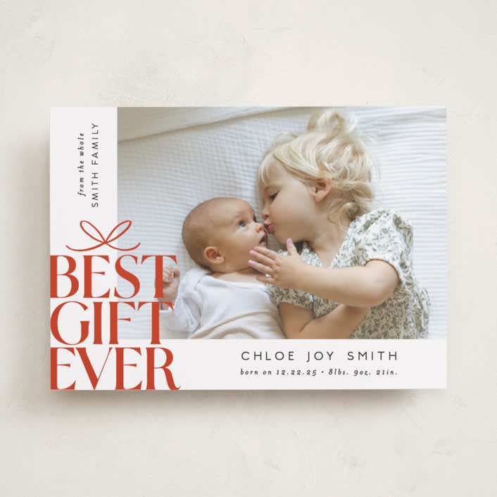 "Best Gift Ever bow" - Holiday Birth Announcement Cards in Citrus by Alethea and Ruth - Front