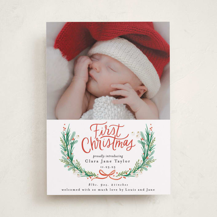 "First Christmas Wreath" - Holiday Birth Announcement Cards in Berry by Alethea and Ruth - Front