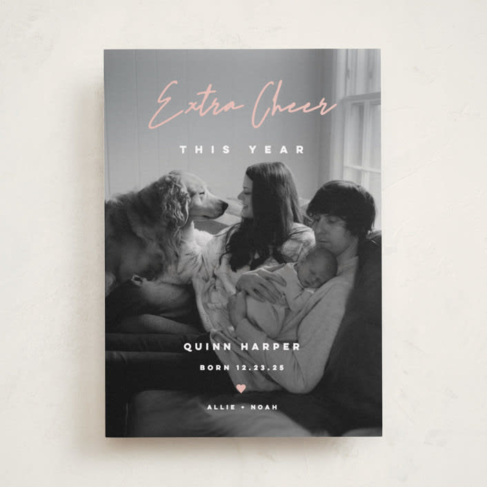 "Extra Cheer" - Holiday Birth Announcement Cards in Blush by fatfatin - Front