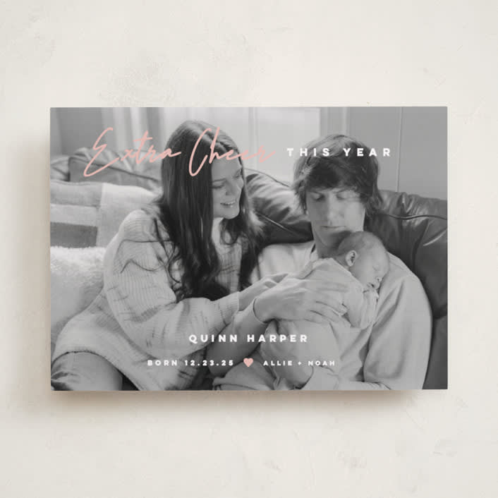 "Extra Cheer" - Holiday Birth Announcement Cards in Blush by fatfatin - Front