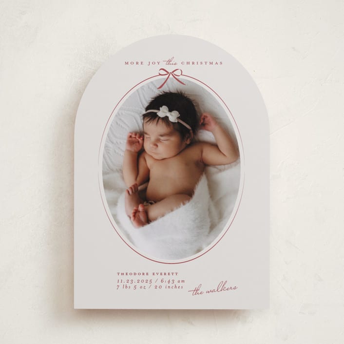 "More joy" - Holiday Birth Announcement Cards in Berry by Maja Cunningham - Front