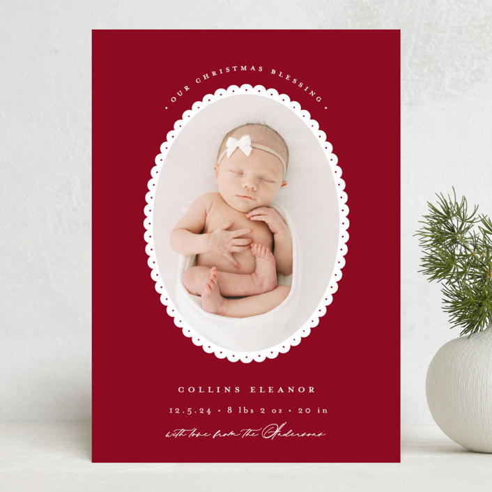 "Scallop Frame" - Holiday Birth Announcement Cards in Candy Cane by Emily Betts - Front
