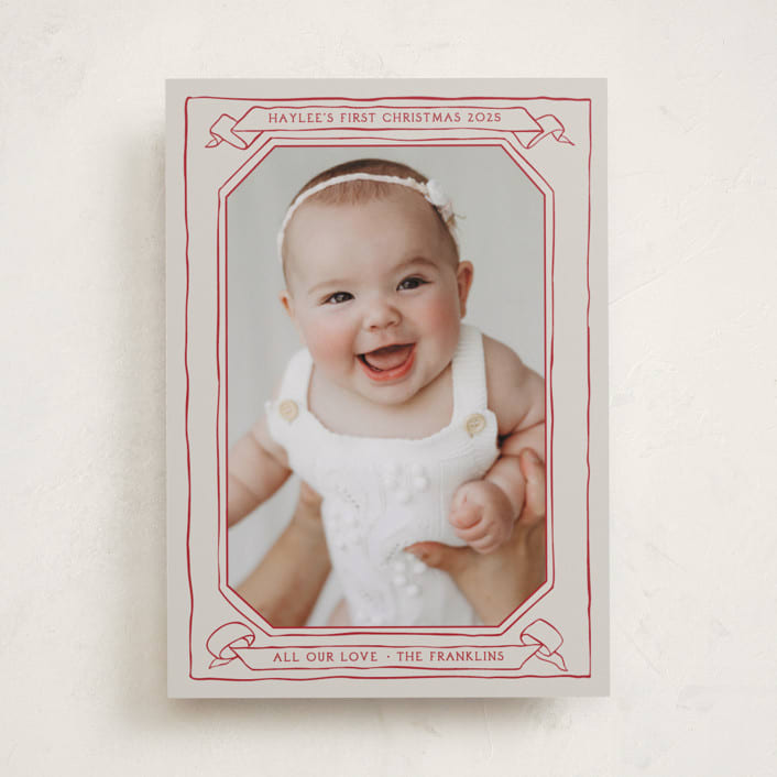 "Scroll" - Holiday Birth Announcement Cards in Berry by Inkblot Design - Front