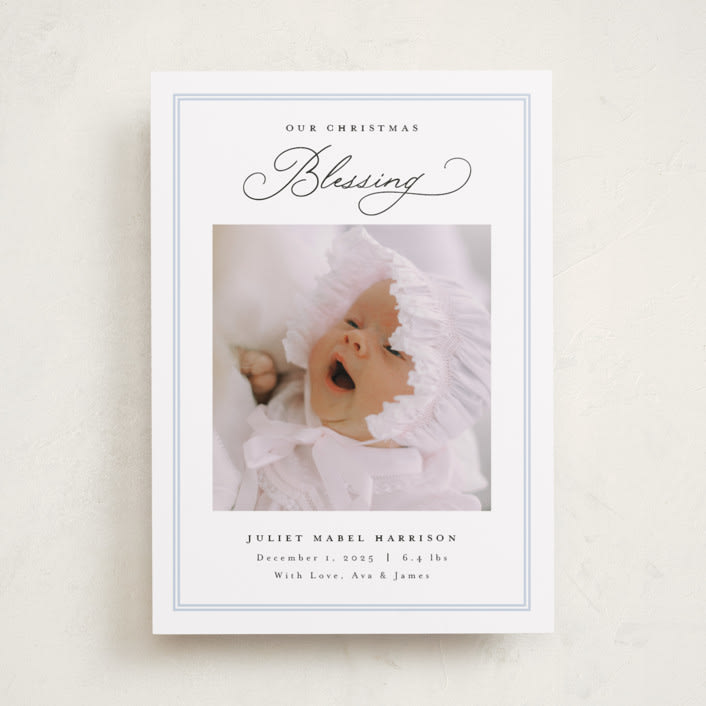 "Christmas Blessing" - Holiday Birth Announcement Cards in Sky by Nicoletta Savod - Front