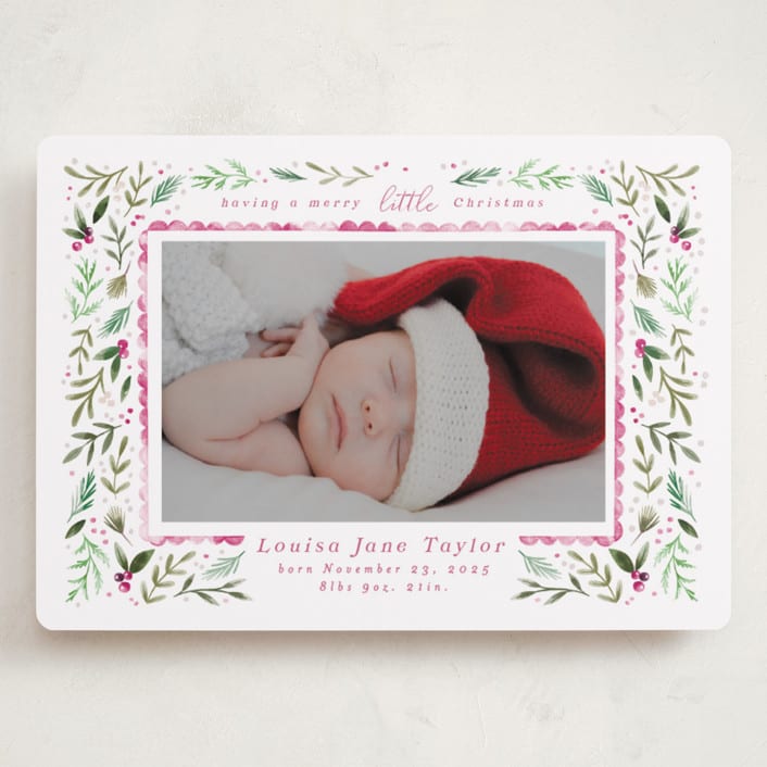 "Merry Little Christmas Greenery" - Holiday Birth Announcement Cards in Carnation by Alethea and Ruth - Front