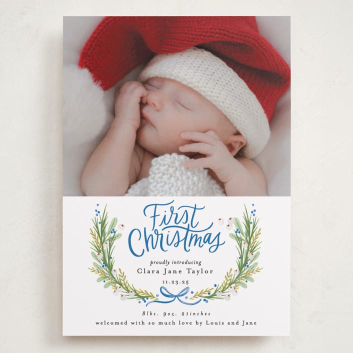 "First Christmas Wreath" - Holiday Birth Announcement Cards in Winter Sky by Alethea and Ruth - Front